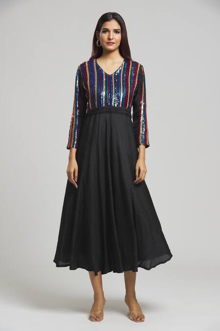Bhusattva Black Silk Sequins Round Neck Stripe Pattern Yoke Dress Online at Aza Fashions Bhusattva_Black Silk Sequins Round Neck Stripe Pattern Yoke Dress _Online_at_Aza_Fashions