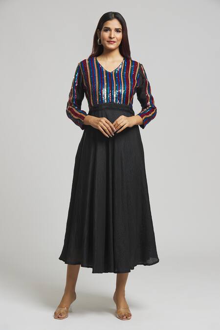 Buy Bhusattva Black Silk Sequins Round Neck Stripe Pattern Yoke Dress Online at Aza Fashions Buy_Bhusattva_Black Silk Sequins Round Neck Stripe Pattern Yoke Dress _Online_at_Aza_Fashions