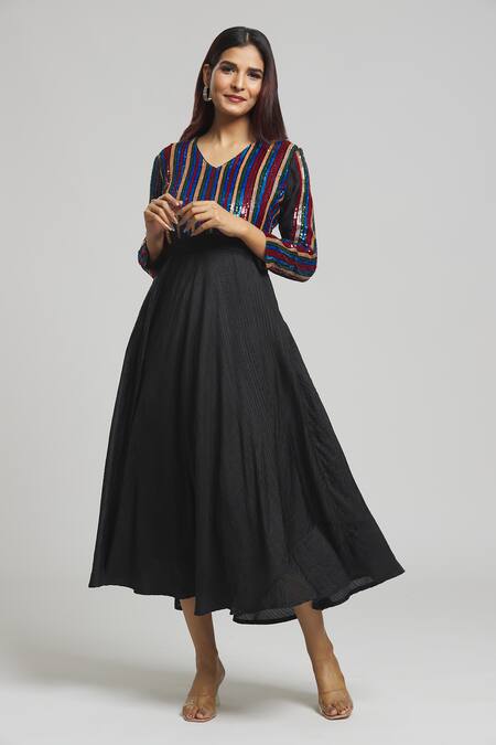Shop Bhusattva Black Silk Sequins Round Neck Stripe Pattern Yoke Dress Online at Aza Fashions Shop_Bhusattva_Black Silk Sequins Round Neck Stripe Pattern Yoke Dress _Online_at_Aza_Fashions