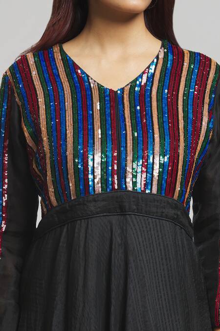 Bhusattva Black Silk Sequins Round Neck Stripe Pattern Yoke Dress at Aza Fashions Bhusattva_Black Silk Sequins Round Neck Stripe Pattern Yoke Dress _at_Aza_Fashions