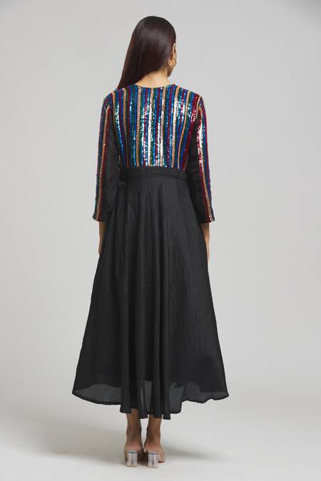 Shop Bhusattva Black Silk Sequins Round Neck Stripe Pattern Yoke Dress at Aza Fashions Shop_Bhusattva_Black Silk Sequins Round Neck Stripe Pattern Yoke Dress _at_Aza_Fashions