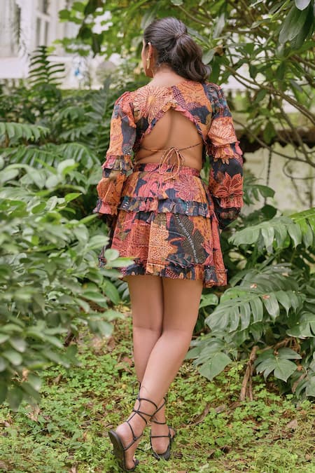 Shop_Saangi_Multi Color Chiffon Ruffles V-neck Tiger Print Dress _at_Aza_Fashions