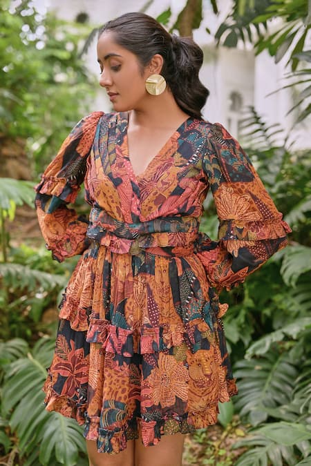 Shop_Saangi_Multi Color Chiffon Ruffles V-neck Tiger Print Dress _Online_at_Aza_Fashions