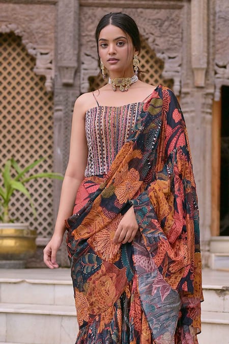 Saangi_Multi Color Chiffon Embroidery Tiger Print Pre-draped Saree With Blouse _Online_at_Aza_Fashions
