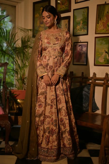 Saangi Multi Color Silk, Organza Vintage Floral Pattern Anarkali With Dupatta 