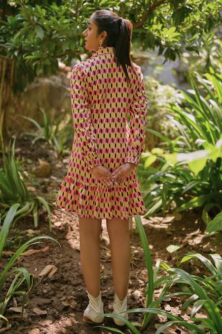 Shop Saangi Multi Color Polyester Collared Geometric Print Shirt Dress at Aza Fashions Shop_Saangi_Multi Color Polyester Collared Geometric Print Shirt Dress _at_Aza_Fashions