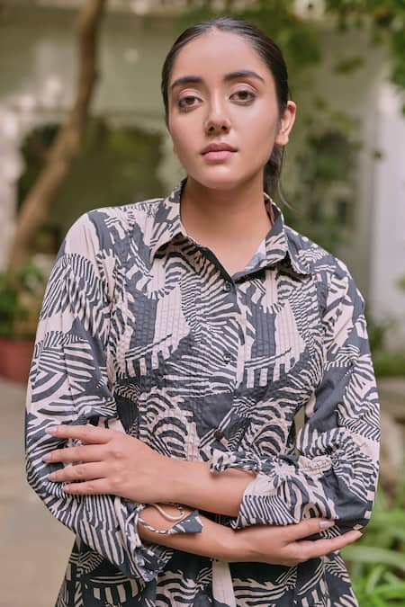 Shop Saangi Black Poplin Collared Zebra Print Shirt Dress at Aza Fashions Shop_Saangi_Black Poplin Collared Zebra Print Shirt Dress _at_Aza_Fashions