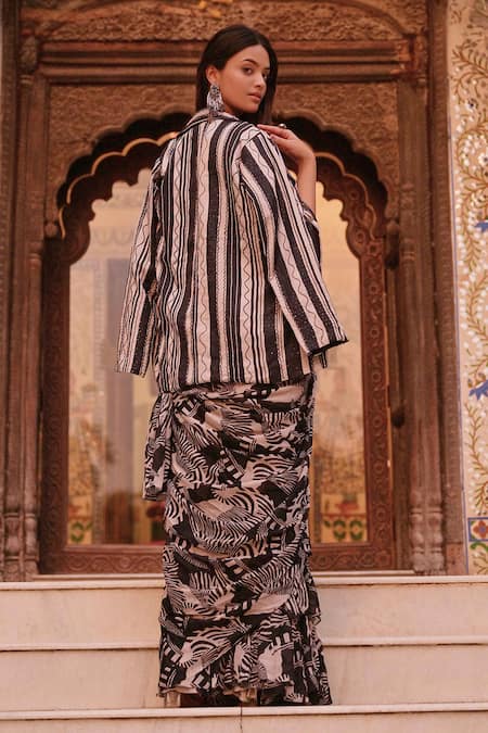 Saangi Zebra Print Pre-Draped Saree Set With Blazer 