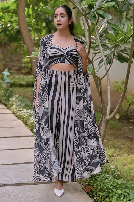 Shop_Saangi_Black Chiffon, Crepe Sweetheart , Open Zebra Print Shrug And Palazzo Set _at_Aza_Fashions