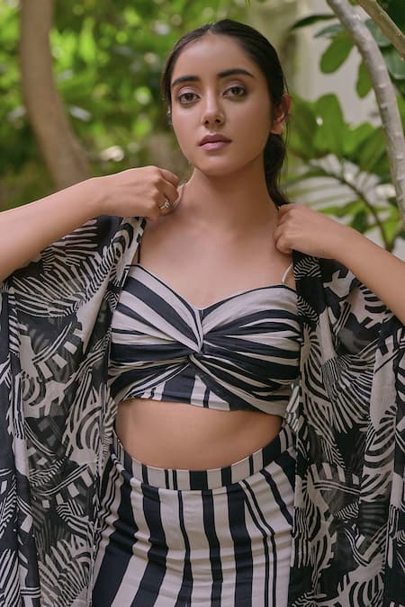 Saangi_Black Chiffon, Crepe Sweetheart , Open Zebra Print Shrug And Palazzo Set _Online_at_Aza_Fashions
