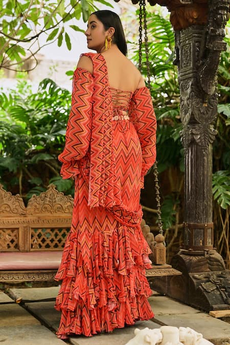 Shop Saangi Multi Color Georgette Embroidery Square Neck Chevron Print Draped Skirt Set at Aza Fashions Shop_Saangi_Multi Color Georgette Embroidery Square Neck Chevron Print Draped Skirt Set _at_Aza_Fashions