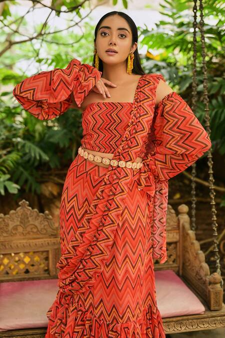 Saangi Multi Color Georgette Embroidery Square Neck Chevron Print Draped Skirt Set Online at Aza Fashions Saangi_Multi Color Georgette Embroidery Square Neck Chevron Print Draped Skirt Set _Online_at_Aza_Fashions