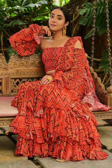 Buy Saangi Multi Color Georgette Embroidery Square Neck Chevron Print Draped Skirt Set Online at Aza Fashions Buy_Saangi_Multi Color Georgette Embroidery Square Neck Chevron Print Draped Skirt Set _Online_at_Aza_Fashions