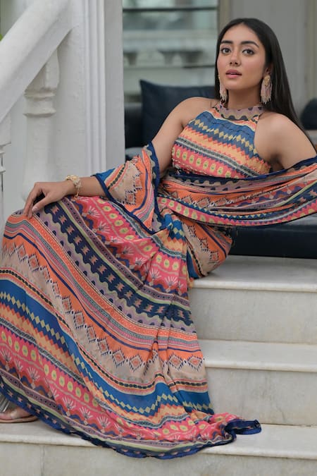 Shop Saangi Multi Color Georgette Sequins, Cut Geometric Print Saree With Embellished Blouse at Aza Fashions Shop_Saangi_Multi Color Georgette Sequins, Cut Geometric Print Saree With Embellished Blouse _at_Aza_Fashions