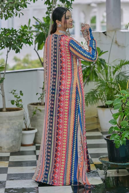 Shop Saangi Multi Color Georgette Sequins, Cut Work Geometric Print Shrug Sharara Set at Aza Fashions Shop_Saangi_Multi Color Georgette Sequins, Cut Work Geometric Print Shrug Sharara Set _at_Aza_Fashions