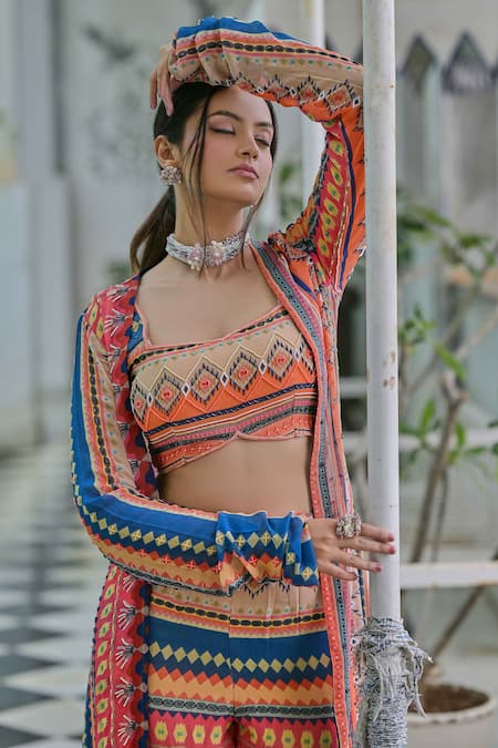 Saangi Multi Color Georgette Sequins, Cut Work Geometric Print Shrug Sharara Set Online at Aza Fashions Saangi_Multi Color Georgette Sequins, Cut Work Geometric Print Shrug Sharara Set _Online_at_Aza_Fashions