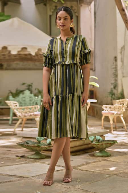 Saangi Multi Color Twill, Cotton Bandeau Neck Stripe Print Dress