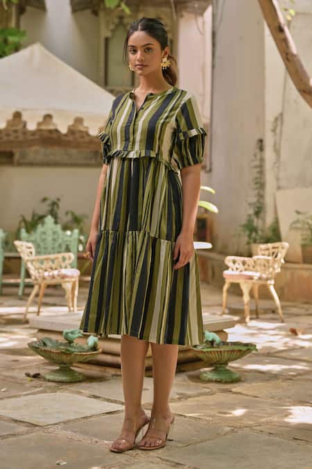 Saangi Multi Color Twill, Cotton Bandeau Neck Stripe Print Dress Online at Aza Fashions Saangi_Multi Color Twill, Cotton Bandeau Neck Stripe Print Dress _Online_at_Aza_Fashions