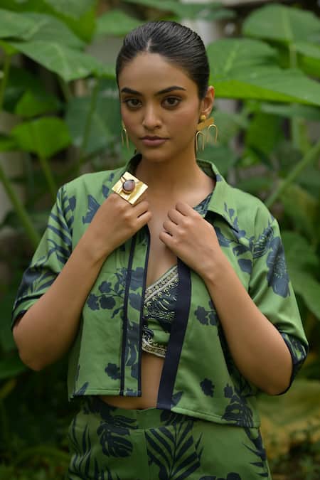 Saangi Multi Color Cotton Cut Work Sweetheart Neck, Tropical Print Jacket Palazzo Set Online at Aza Fashions Saangi_Multi Color Cotton Cut Work Sweetheart Neck, Tropical Print Jacket Palazzo Set _Online_at_Aza_Fashions