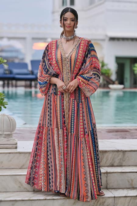 saangi by shubhangi Geometric Print Kaftan Palazzo Set 