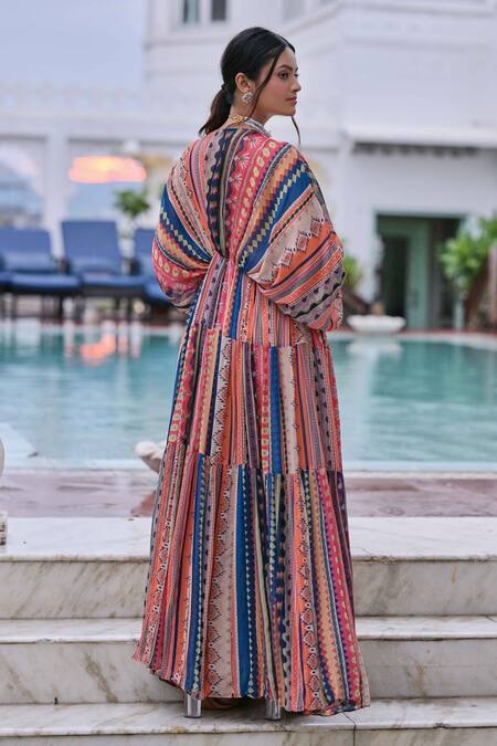Shop Saangi Multi Color Georgette Embroidery V-neck Geometric Print Kaftan Palazzo Set at Aza Fashions Shop_Saangi_Multi Color Georgette Embroidery V-neck Geometric Print Kaftan Palazzo Set _at_Aza_Fashions