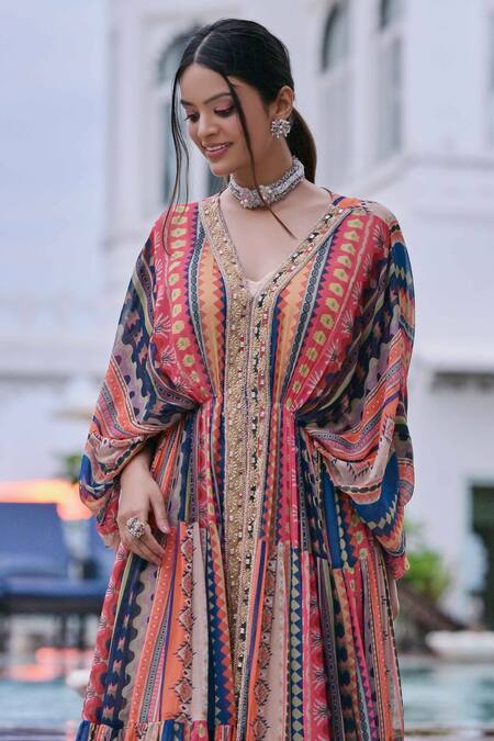Saangi Multi Color Georgette Embroidery V-neck Geometric Print Kaftan Palazzo Set Online at Aza Fashions Saangi_Multi Color Georgette Embroidery V-neck Geometric Print Kaftan Palazzo Set _Online_at_Aza_Fashions