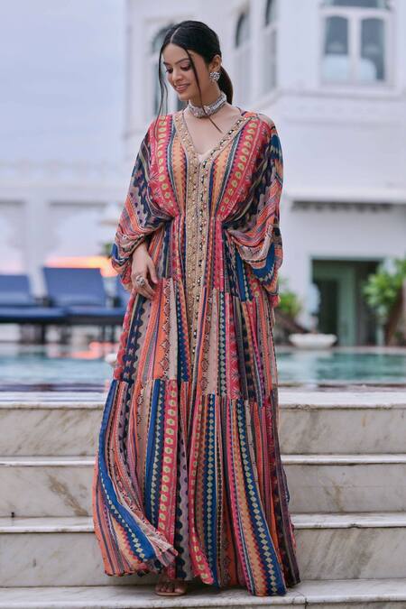 Buy Saangi Multi Color Georgette Embroidery V-neck Geometric Print Kaftan Palazzo Set Online at Aza Fashions Buy_Saangi_Multi Color Georgette Embroidery V-neck Geometric Print Kaftan Palazzo Set _Online_at_Aza_Fashions