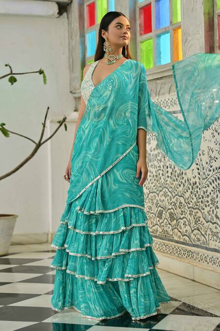 Saangi_Blue Georgette Mirrors Plunge Neck Printed Draped Saree With Blouse _Online_at_Aza_Fashions