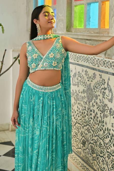 Buy_Saangi_Blue Georgette Mirrors, Beads, Embroidery V-neck Marble Print Lehenga Set _Online_at_Aza_Fashions