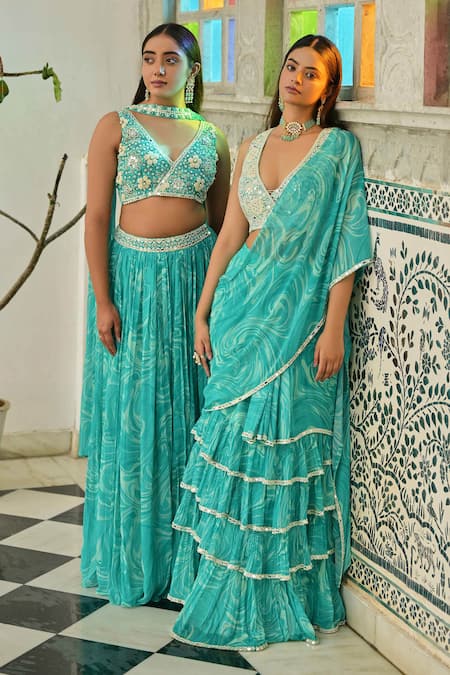 Saangi_Blue Georgette Mirrors, Beads, Embroidery V-neck Marble Print Lehenga Set _at_Aza_Fashions