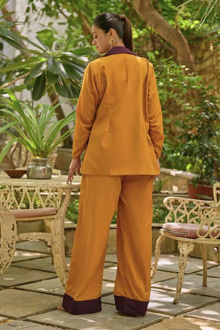 Shop Saangi Yellow Crepe V-neck Stripe Pattern Blazer Palazzo Set at Aza Fashions Shop_Saangi_Yellow Crepe V-neck Stripe Pattern Blazer Palazzo Set_at_Aza_Fashions