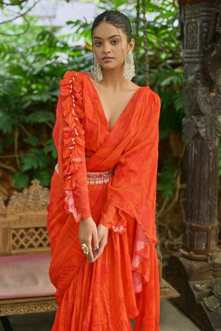 Saangi_Orange Chiffon Embroidery, Pearls V-neck Layered Draped Saree With Blouse_Online_at_Aza_Fashions