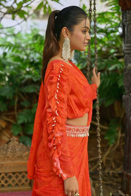 Shop_Saangi_Orange Chiffon Embroidery, Pearls V-neck Layered Draped Saree With Blouse_Online_at_Aza_Fashions