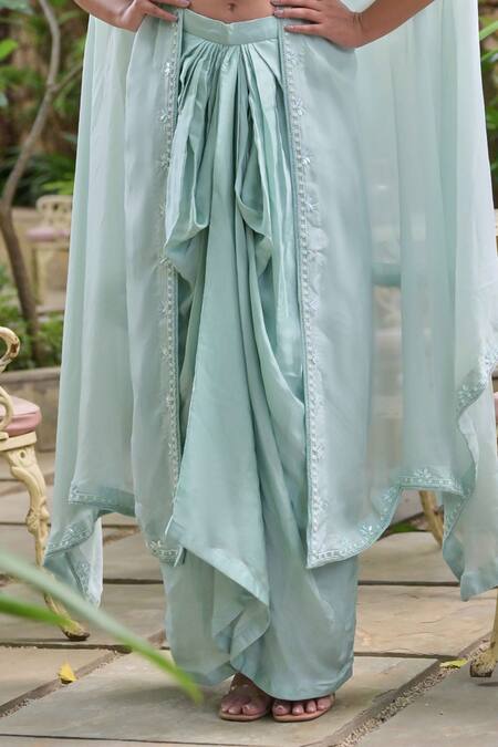 Saangi_Blue Modal, Organza Cut Work, Sequins, Border Embroidered Shrug Draped Skirt Set _Online_at_Aza_Fashions