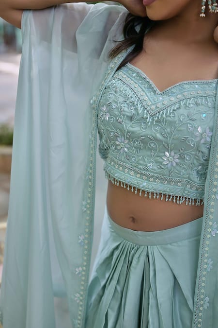 Buy_Saangi_Blue Modal, Organza Cut Work, Sequins, Border Embroidered Shrug Draped Skirt Set _Online_at_Aza_Fashions