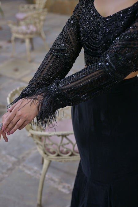 Saangi Black Net, Crepe Cut Work Split V-neck Embroidered Blouse And Fish Lehenga Set Online at Aza Fashions Saangi_Black Net, Crepe Cut Work Split V-neck Embroidered Blouse And Fish Lehenga Set _Online_at_Aza_Fashions