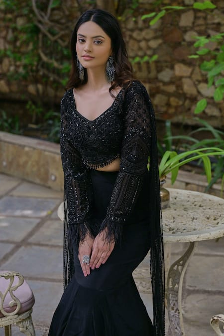 Buy Saangi Black Net, Crepe Cut Work Split V-neck Embroidered Blouse And Fish Lehenga Set Online at Aza Fashions Buy_Saangi_Black Net, Crepe Cut Work Split V-neck Embroidered Blouse And Fish Lehenga Set _Online_at_Aza_Fashions