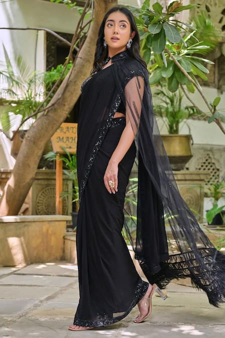 Saangi_Black Net, Georgette Feathers, Sequins, Beads Embroidered Pre-draped Saree Set _Online_at_Aza_Fashions