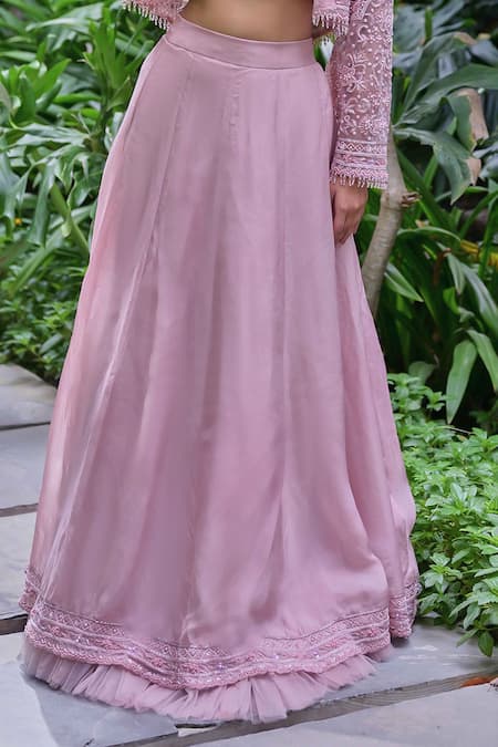 Saangi_Pink Organza Beads, Sequins, Cut Work Square Neck, Embroidered Shrug Lehenga Set _Online_at_Aza_Fashions