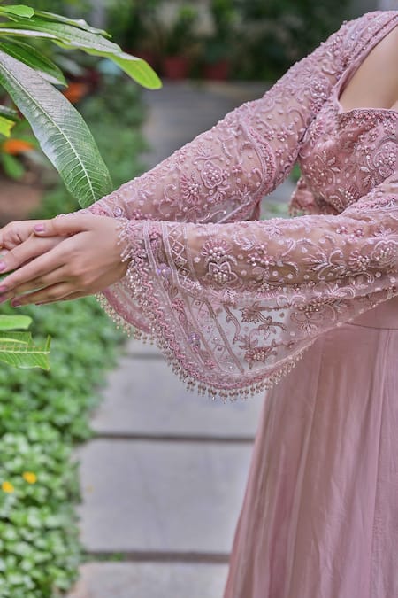 Buy_Saangi_Pink Organza Beads, Sequins, Cut Work Square Neck, Embroidered Shrug Lehenga Set _Online_at_Aza_Fashions