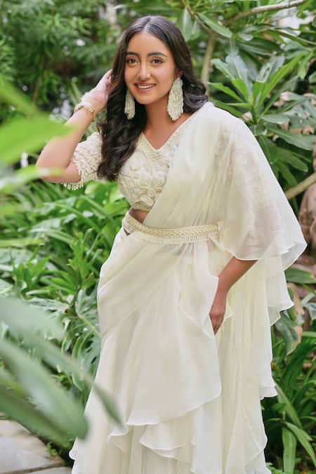 Saangi Off White Organza, Net Pearls Ruffle Pre-draped Saree With Embroidered Blouse Online at Aza Fashions Saangi_Off White Organza, Net Pearls Ruffle Pre-draped Saree With Embroidered Blouse _Online_at_Aza_Fashions