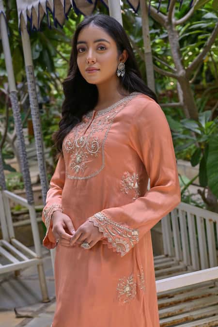 Buy Saangi Peach Modal, Satin Sequins, Beads, Floral Embroidered Kurta And Dhoti Pant Set Online at Aza Fashions Buy_Saangi_Peach Modal, Satin Sequins, Beads, Floral Embroidered Kurta And Dhoti Pant Set_Online_at_Aza_Fashions