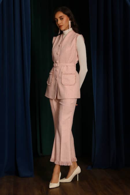 Label Deepika Nagpal_Peach Wool, Taffeta Fringe, Buckles V-neck Textured Sleeveless Jacket With Pant_at_Aza_Fashions