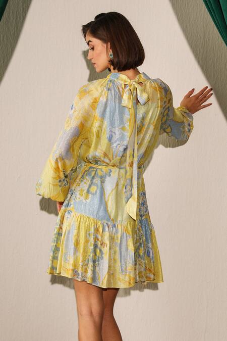 Shop Label Deepika Nagpal Yellow Lurex, Georgette, Viscose Round Neck Lana Floral Pattern Dress at Aza Fashions Shop_Label Deepika Nagpal_Yellow Lurex, Georgette, Viscose Round Neck Lana Floral Pattern Dress_at_Aza_Fashions
