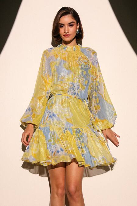 Label Deepika Nagpal Yellow Lurex, Georgette, Viscose Round Neck Lana Floral Pattern Dress at Aza Fashions Label Deepika Nagpal_Yellow Lurex, Georgette, Viscose Round Neck Lana Floral Pattern Dress_at_Aza_Fashions