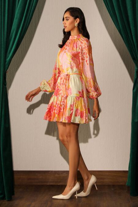 Buy_Label Deepika Nagpal_Pink Lurex, Georgette Round Neck Lana Floral Bloom Pattern Dress