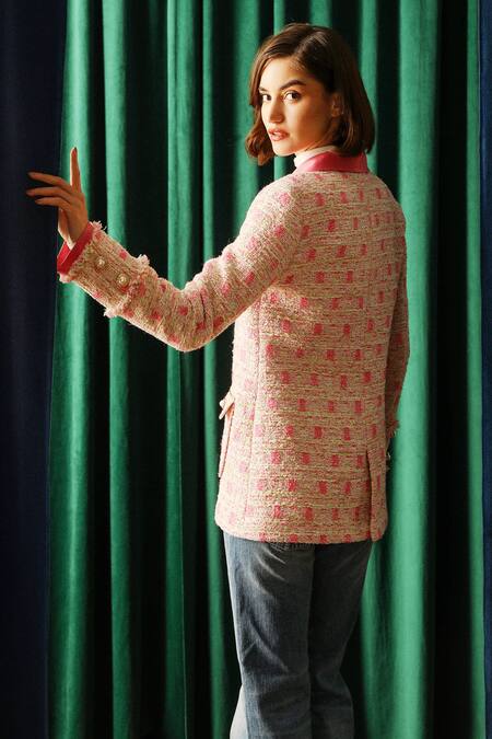 Shop_Label Deepika Nagpal_Pink Tweed, Taffeta Metallic Thread Collared Belle Jacket _at_Aza_Fashions