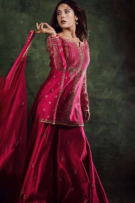 Shop_Jigar Mali_Pink Raw Silk, Organza Dori, Floral, Aari Keyhole Embroidered Kurta Sharara Set 