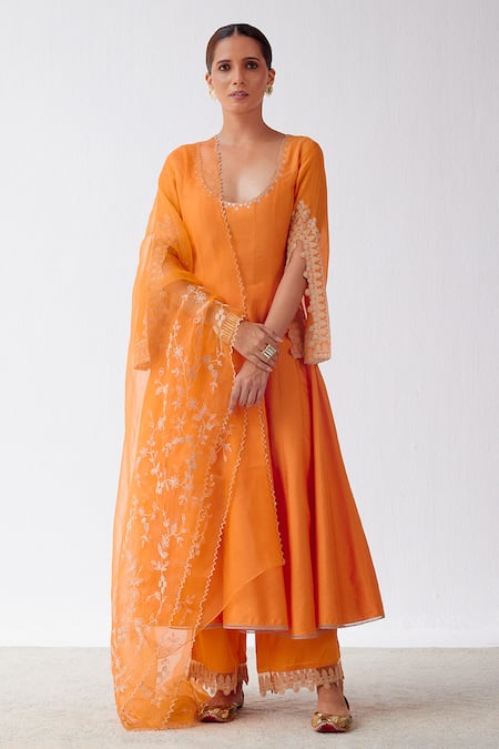 Devnaagri Orange Cotton Silk Blend Embroidered Dori Scoop Neck Sleeve Anarkali Set 