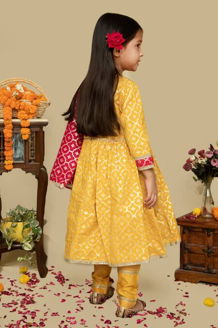 Shop Mamma Plz Yellow Handloom Cotton, Voile, Chanderi Floral Handwoven Anarkali Set at Aza Fashions Shop_Mamma Plz_Yellow Handloom Cotton, Voile, Chanderi Floral Handwoven Anarkali Set _at_Aza_Fashions
